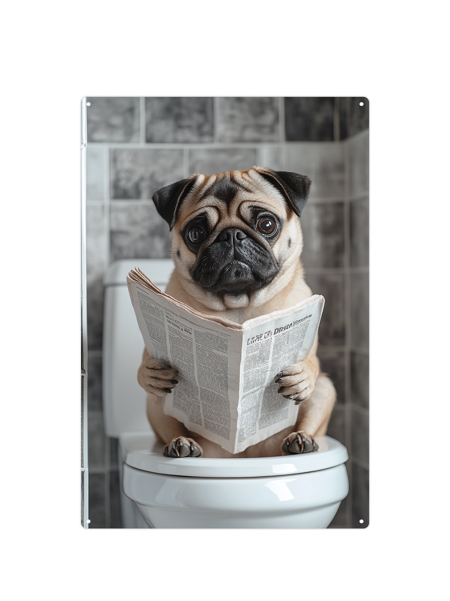 Bruine mops hond op de WC met een krant
